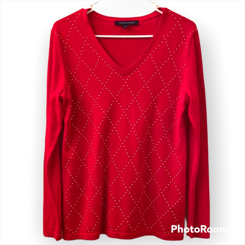 #21 Tommy Hilfiger Sweater Red Gold Studs WM SZ M V Neck 🥰